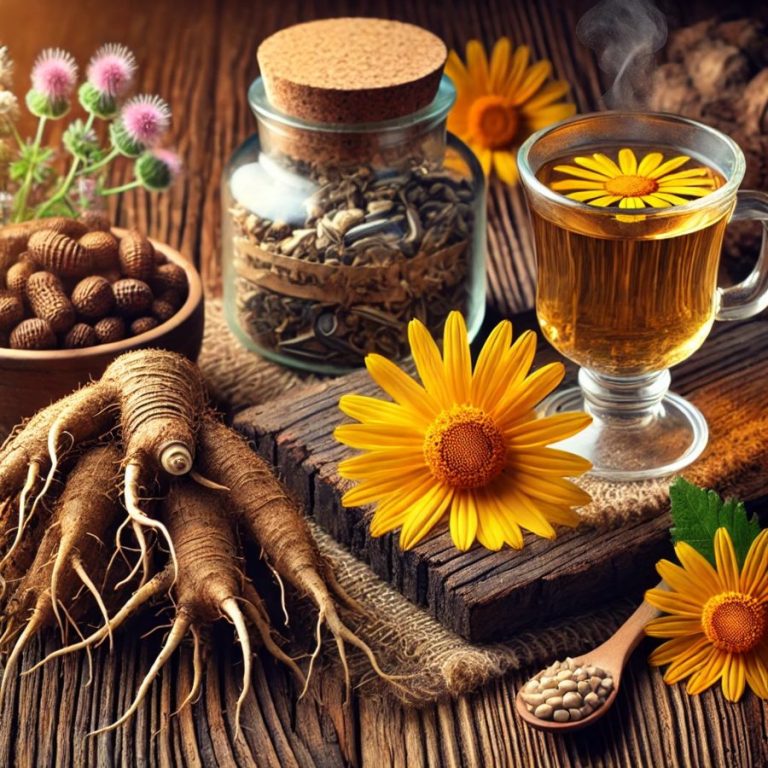 Uno sfondo rustico in legno con un primo piano di ingredienti naturali per alleviare il dolore come radici di Artiglio del Diavolo e Arnica