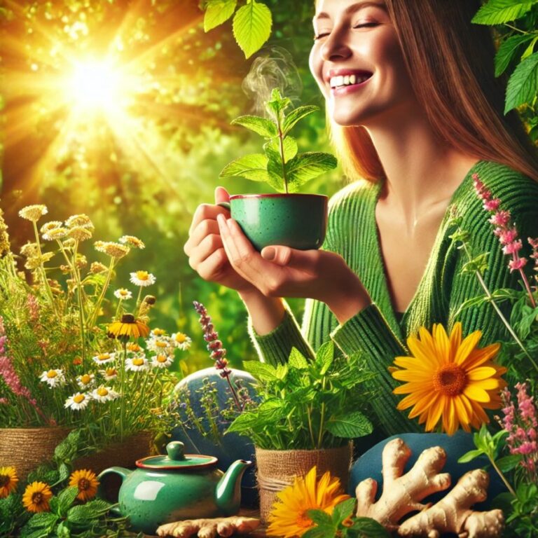 una donna sorridente, rilassata, mentre sorseggia una delle tisane antinfiammatorie in un ambiente naturale pieno di colori, fiori, energia, benessere e connessione con la natura